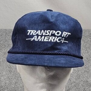 Vintage 90s Transport America Hat Blue Corduroy Cap Snapback Trucker Sportsman